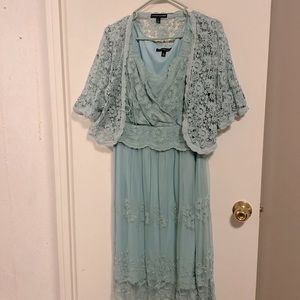 Size 16 ChrisMcLaughlin robins egg blue. With lace short sleeve half jacket